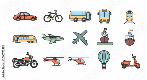 A collection of diverse transportation vehicles and modes of travel, including cars, bicycles, buses, trains, airplanes, ships, motorcycles, helicopters, hot air balloons, and scooters.