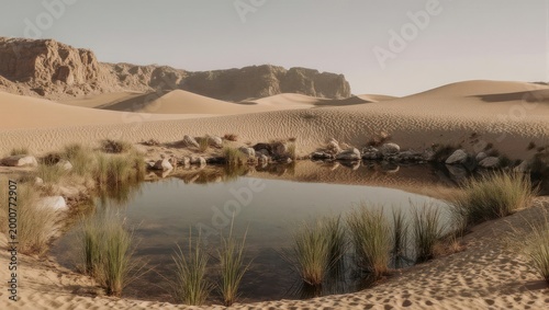 Desert Oasis Serenity - A Tranquil Pool Amidst Sand Dunes.