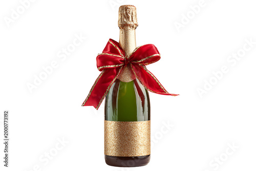 Luxury Sparkling Wine Bottle Decorated with Red Bow, isolated on a transparent background.