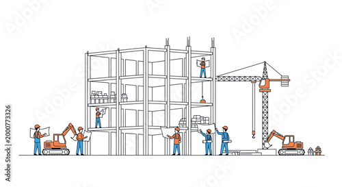 Building Construction Site with Workers and Crane