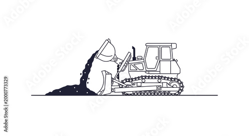 Bulldozer pushing dirt, construction equipment, line art illustration