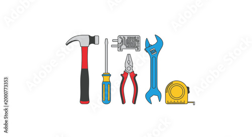 Collection of Hand Tools and Measuring Tape on White Background