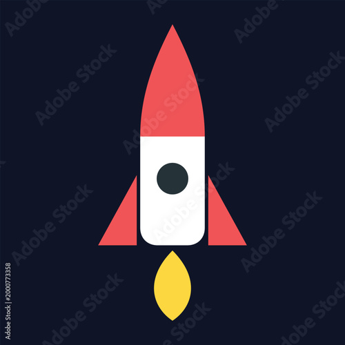 A colorful rocket ship with red fins and yellow flame on dark background.