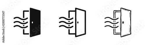 Open door with fresh air ventilation flow icon set