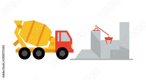 Concrete Mixer Truck Delivering Material To Construction Site Crane