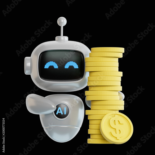 3D illustration of ai robot - gold coins.3D rendering on black Screen for footage and clipping path.