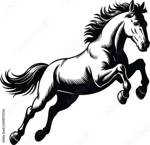 Black jumping horse silhouette with realistic muscle detail and flowing mane, equestrian stallion motion, cad drawing flat vector illustration, farm animal nature
