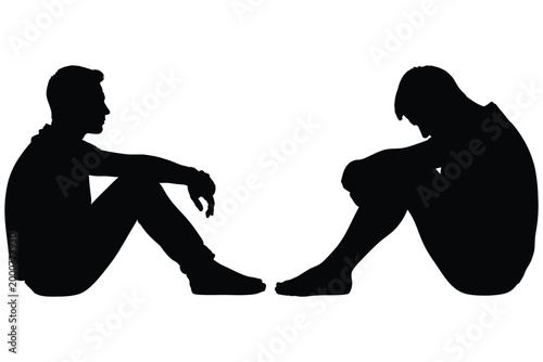 Silhouette of two people sitting back to back against a white background representing isolation