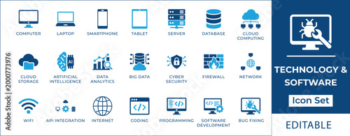 Technology and software icon set featuring cloud computing, artificial intelligence, database, cybersecurity, web development coding, server management, and network security symbols.