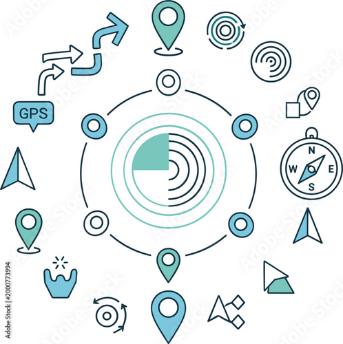 
GPS and Navigation Technology Concept Diagram with Radar Signal, Map Pins, Compass, and Location Icons for App and Tech Designs

GPS and Navigation Technology Concept Diagram with Radar Signal, 