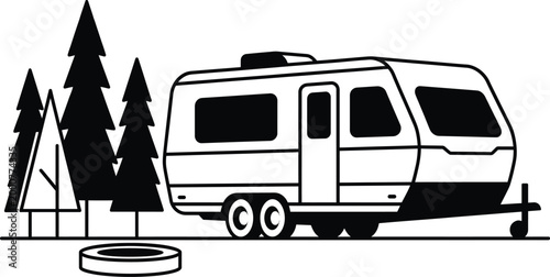 Car vector illustration vintage camper trailer with forest background digital art