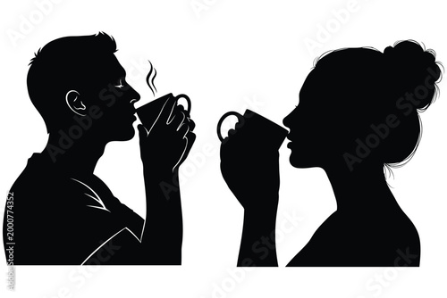 Silhouette of a couple sharing coffee together on a white background