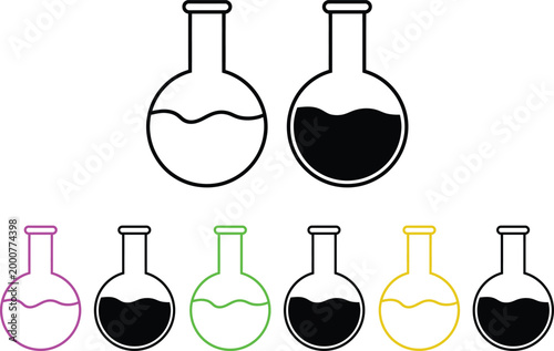 Illustrations of different colored liquids in laboratory flasks