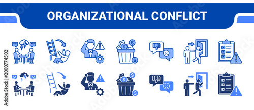 Organizational Conflict Icon Collection,  featuring Team Conflict, Leadership Fail, Management Crisis, Resource Waste, Negative Feedback, Layoff, Project Failure.