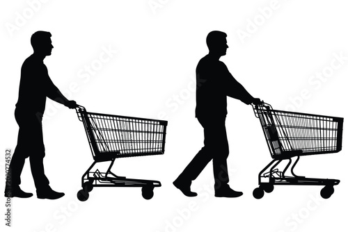 Two men pushing shopping carts silhouette against a white background consumerism and retail concept