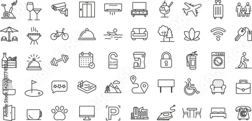 Resort hotel editable stroke outline icons set.