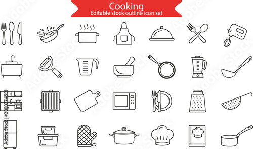 Cooking editable stroke outline icons set. related to food apps, recipe blogs, kitchenware packaging.