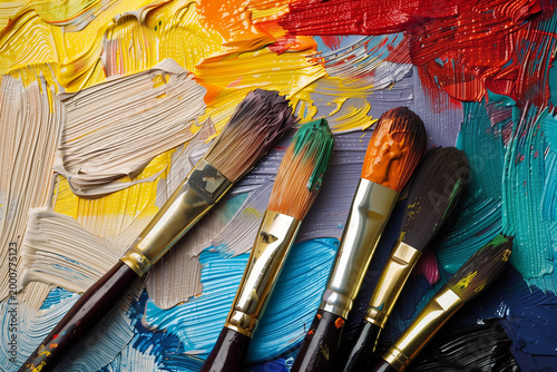 A group of paintbrushes are on a table with paint on them