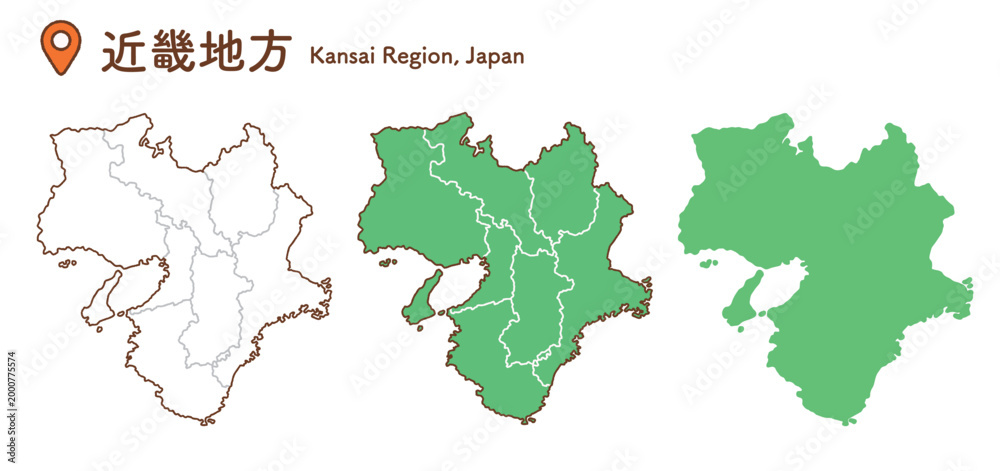Fototapeta premium 近畿地方の地図イラストセット|日本地図・都道府県・教材