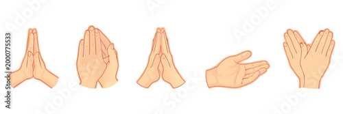 A collection of hand gesture illustrations showing various positions for prayer, gratitude, and clapping.