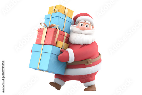 Cute 3D Santa Claus Carrying a Stack of Gift Boxes, isolated on a transparent background.