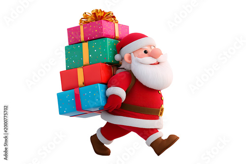 Cute 3D Santa Claus Carrying a Stack of Gift Boxes, isolated on a transparent background.