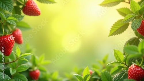 Vibrant spring summer decorative frame mockup with fresh mint leaves juicy red strawberries and sparkling dew drops gently swaying in soft breeze
