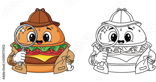 Detective Burger with Magnifying Glass and Hat - Cute Food Mascot Cartoon