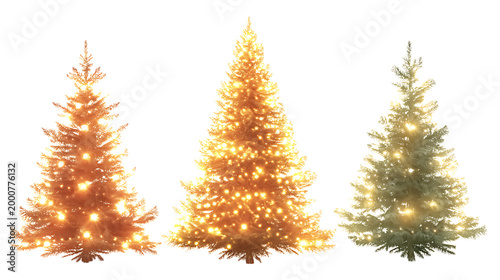 Set of Frosted Holiday Trees with Vibrant Light Garlands, isolated on a transparent background.