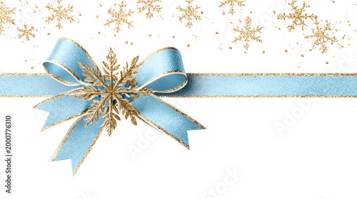Festive blue ribbon banner with a luxury golden snowflake ornament, isolated on a transparent background.