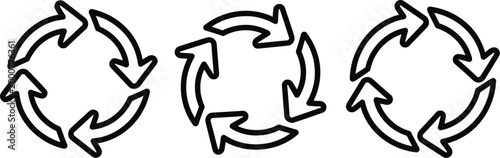 Circular Recycling and Refresh Arrow Icon Set Representing Sustainability Environmental Conservation Reloading Systems and Business Process Flow Designs in a Minimalist Outline Style.