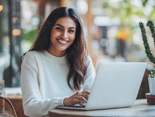 Happy woman in white sweater working on laptop in cozy café
