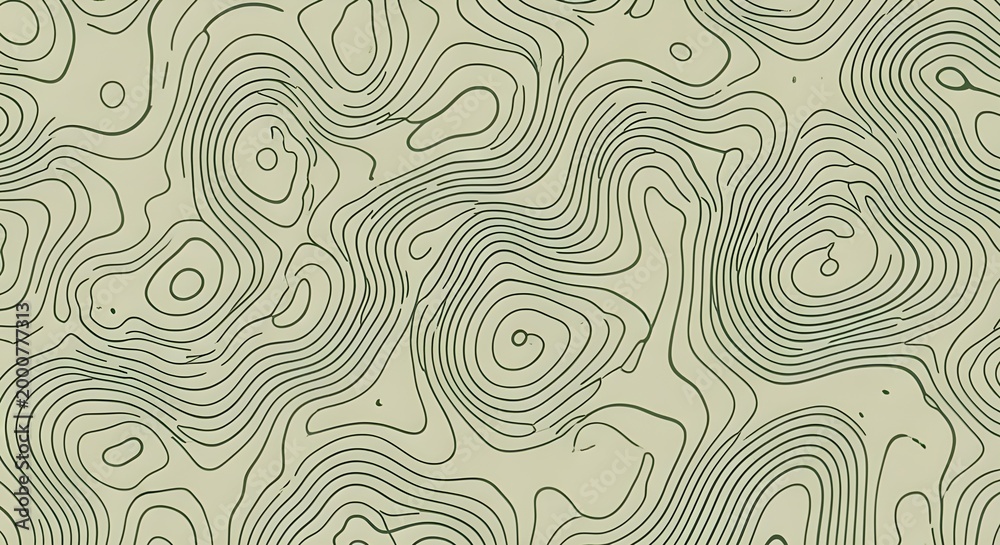 Fototapeta premium Abstract topographic map background with flowing olive green contour lines. Organic wavy pattern inspired by geography, landscape elevation, and natural textures.