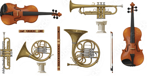 Classical Orchestral Instrument Collection Set with Violins, Trumpets, French Horn, and Flute for Music and Concert Themed DesignsClassical Orchestral Instrument Collection Set with Violins, 