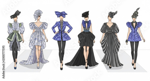 Six Fashionable Women in Elaborate Designer Outfits.