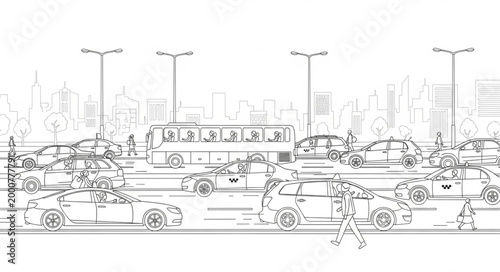 Sketch of a busy city street with cars and buildings.