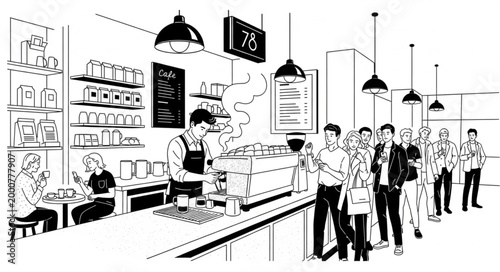 Sketch of a Busy Coffee Shop with Customers Ordering Drinks.