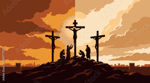 Powerful graphic vector artwork representing the crucifixion of Jesus Christ on a dramatic rocky hill showing three dark wooden crosses against a highly textured stormy warm sky full of hope