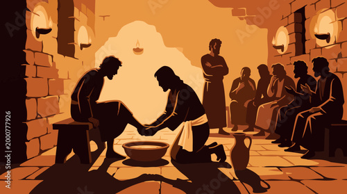 Meaningful biblical vector illustration displaying Jesus Christ humbly washing the feet of his loyal disciples inside an ancient stone room illuminated by warm glowing candlelight 