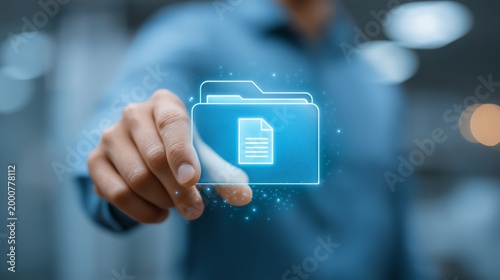 Glowing digital folder representing secure file management cloud storage and modern business document organization technology