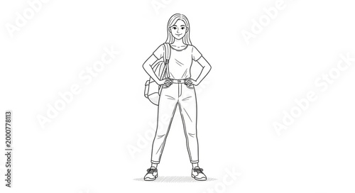 Sketch of a confident young woman standing with hands on hips.