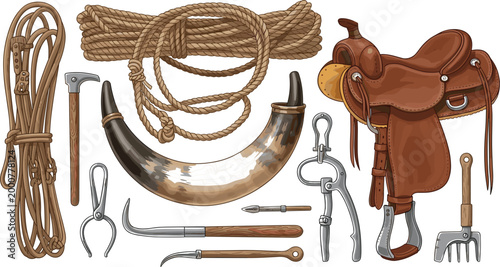 
Cowboy Ranch Equipment Set with Leather Saddle, Lasso, Drinking Horn, and Farrier Tools for Western Rodeo Themed Designs

Cowboy Ranch Equipment Set with Leather Saddle, Lasso, Drinking Horn, and 