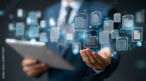 Digital document management interface representing modern business workflow data organization and cloud based archive technology concept
