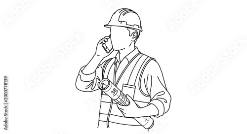 Sketch of a construction worker on a phone call holding blueprints.