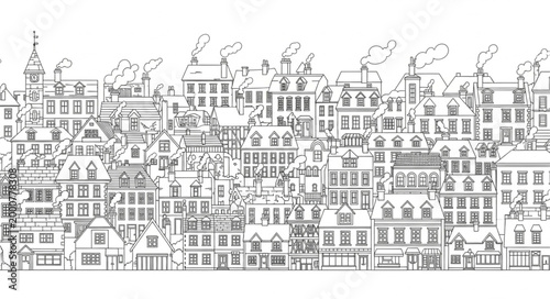 Sketch of a Dense European Cityscape with Buildings and Rooftops.