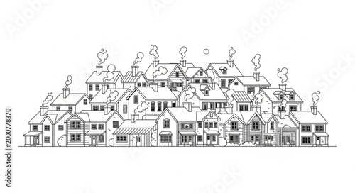 Sketch of a Dense Neighborhood with Diverse Houses and Trees.