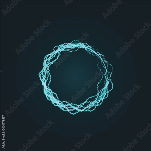 Editable neon blue abstract circular energy ring on dark background with energy field, light trails