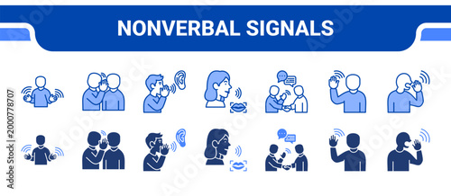 Nonverbal Signals Icon Collection,  featuring Body Language, Whispering, Whisper, Lip Read, Greeting, Waving, Shouting.