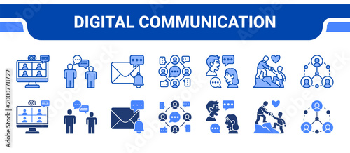 Digital Communication Icon Collection,  featuring Virtual Meet, Chat, Message, Group Chat, Conversation, Online Support, Networking.