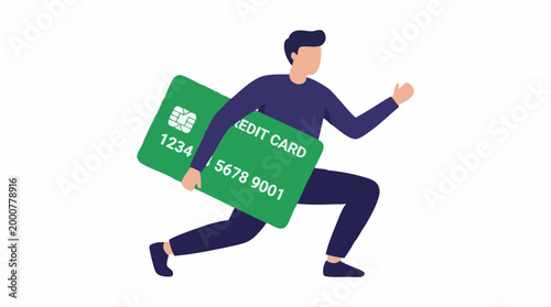 Illustration of man running with giant credit card, fast financial transaction